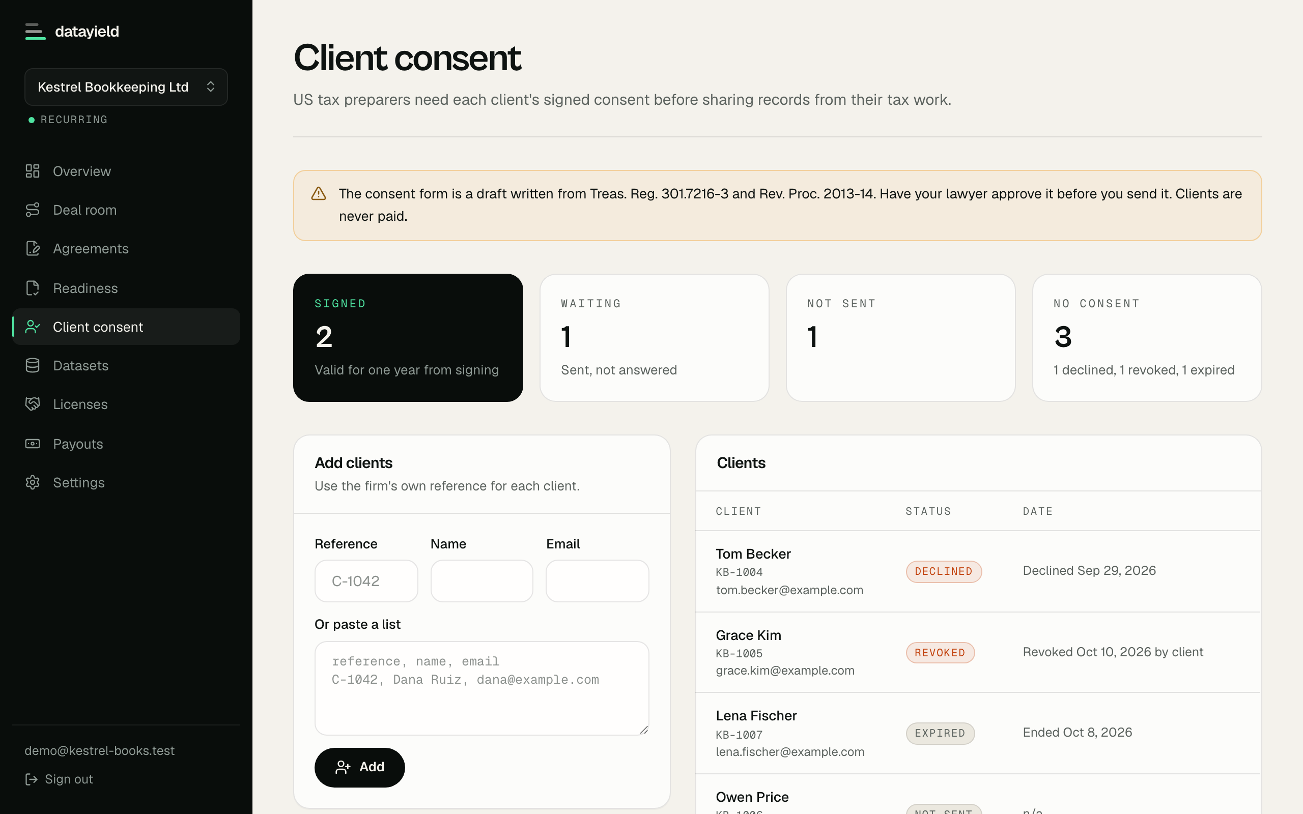 Client consent page with counts of signed, waiting, not sent and declined clients